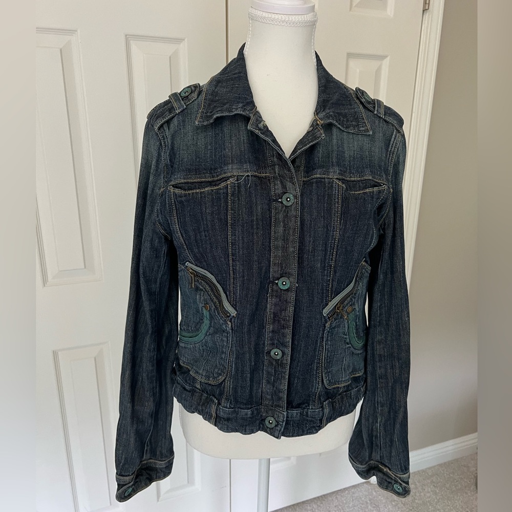 vertigo jean jacket 4 blue denim dark wash fleur de lis cotton - size S